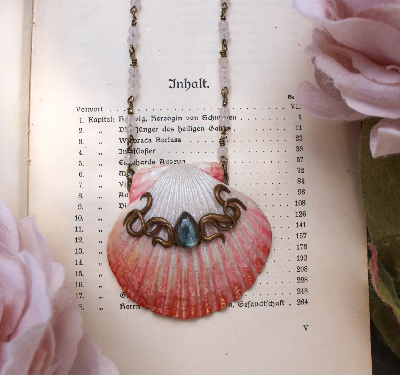 Polymer Clay Sea Shell Necklace in Peach with Labradorite Tear