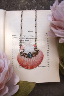 Polymer Clay Sea Shell Necklace in Peach with Labradorite Tear