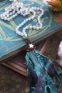 Mermaid Beaded Tassel Necklace with Frosted Sea Glass Beads, Taffeta and Mirror Star - By Amillia