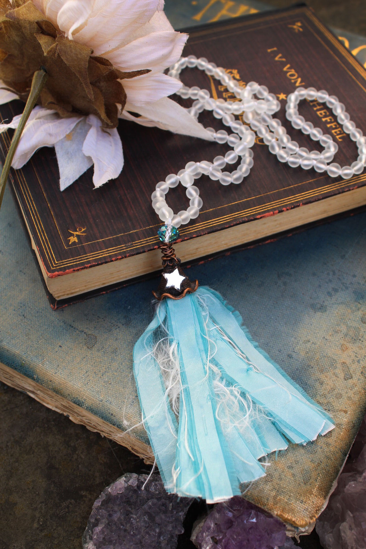 Sea Glass Beaded Tassel Necklace with Frosted beads in White, Taffeta and Mirror Star – By Amillia