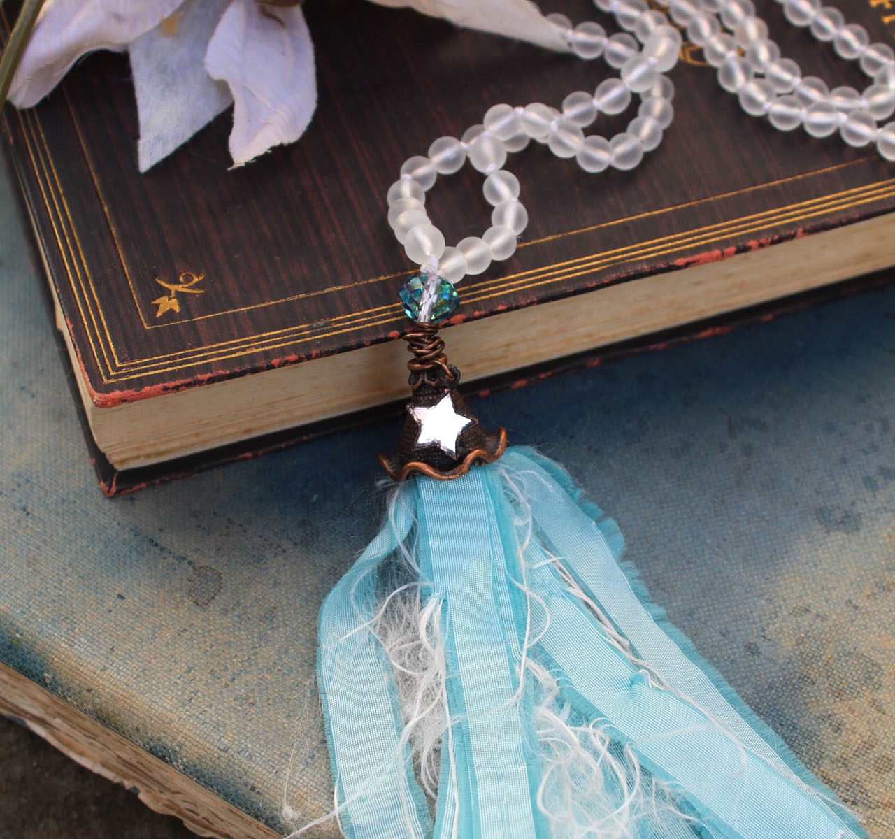 Sea Glass Beaded Tassel Necklace with Frosted beads in White, Taffeta and Mirror Star - By Amillia