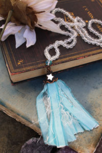 Sea Glass Beaded Tassel Necklace with Frosted beads in White, Taffeta and Mirror Star - By Amillia