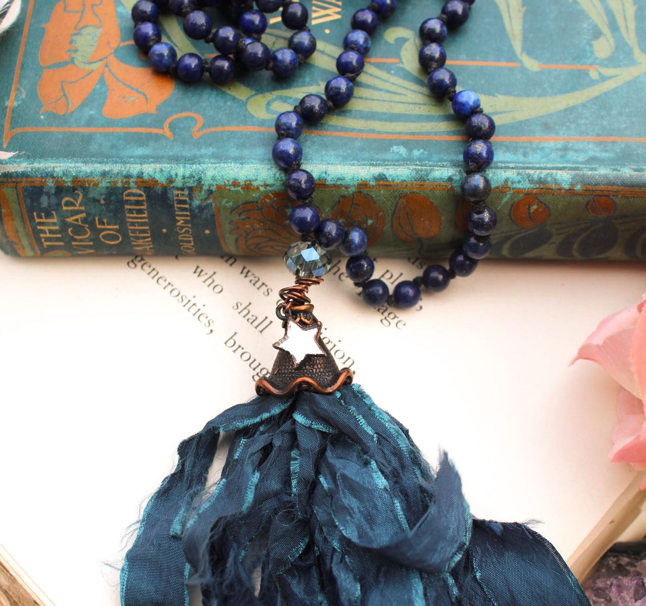 Lapis Lazuli Beaded Tassel Necklace with Pretty Mirror Star Charm - Mermaid Jewelry and Ocean Art