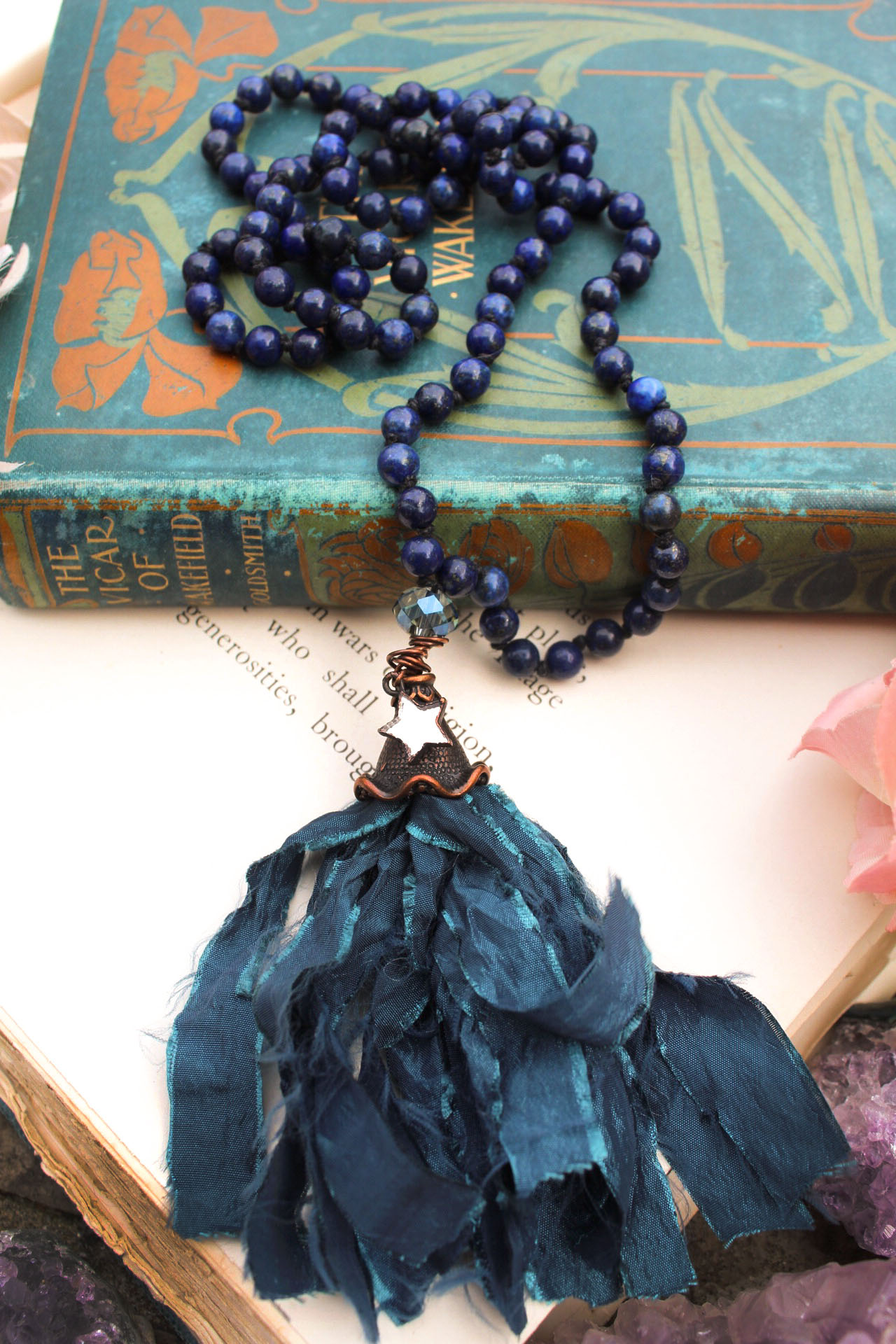Lapis Lazuli Beaded Tassel Necklace with Pretty Mirror Star Charm – Mermaid Jewelry and Ocean Art