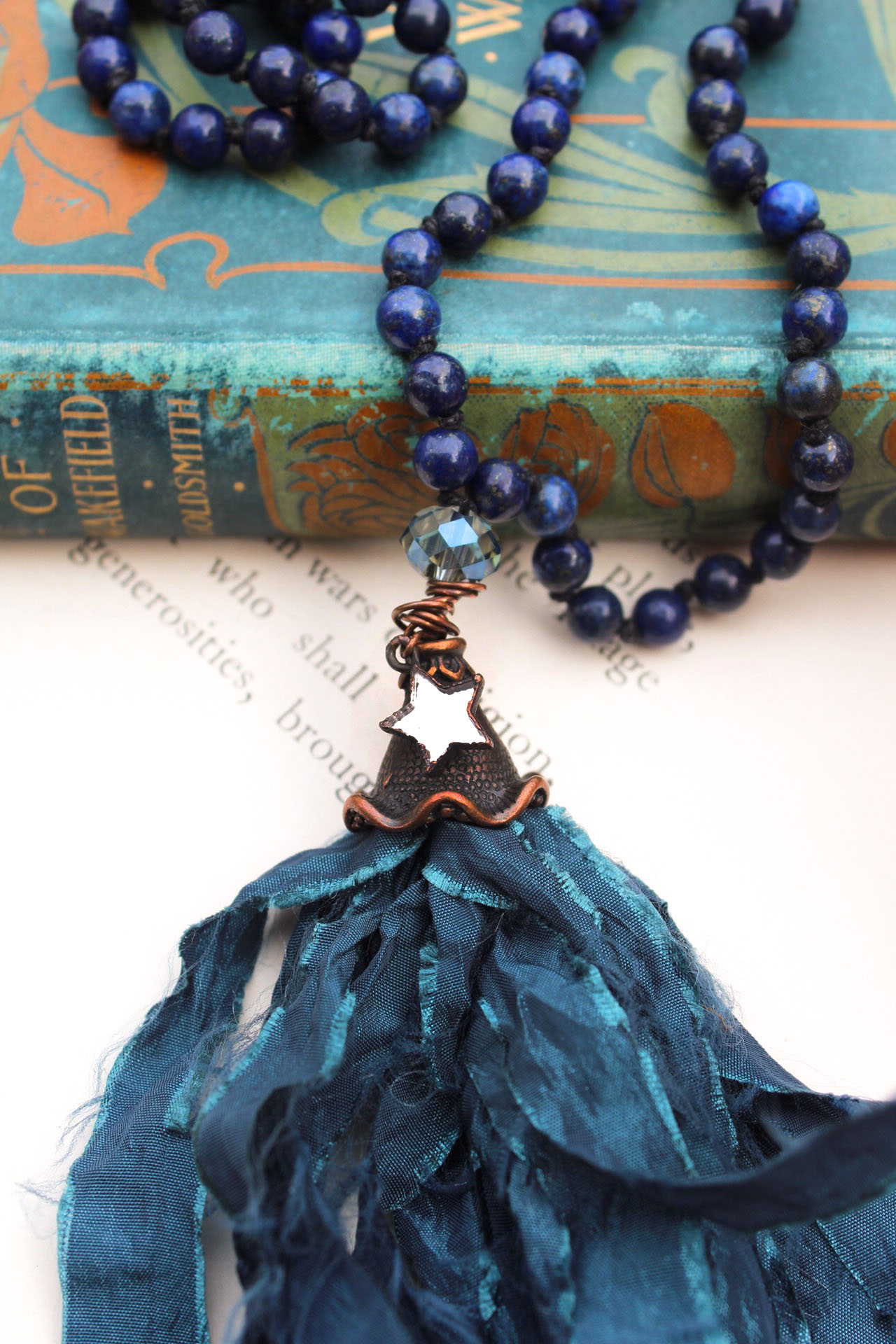 Lapis Lazuli Beaded Tassel Necklace with Pretty Mirror Star Charm – Mermaid Jewelry and Ocean Art