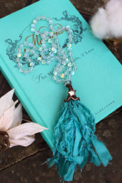 Mermaid White Aura Beaded Tassel Necklace with sea green Tassel and Little Mirror Star Charm