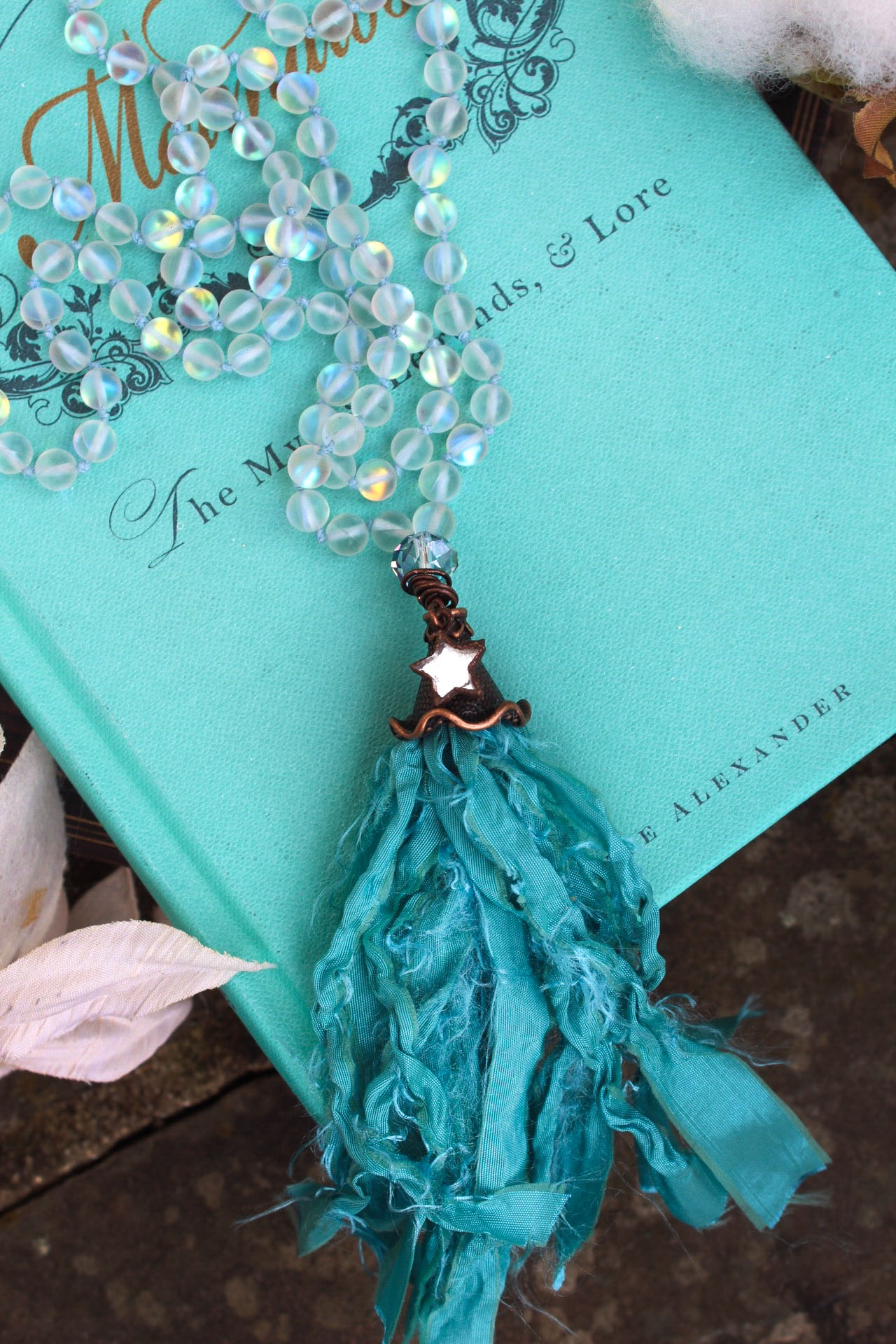 Mermaid White Aura Beaded Tassel Necklace with sea green Tassel and Little Mirror Star Charm