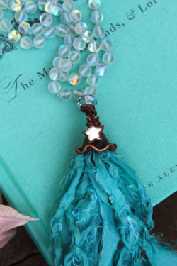 Mermaid White Aura Beaded Tassel Necklace with sea green Tassel and Little Mirror Star Charm