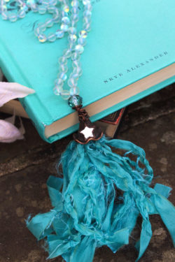 Mermaid White Aura Beaded Tassel Necklace with sea green Tassel and Little Mirror Star Charm