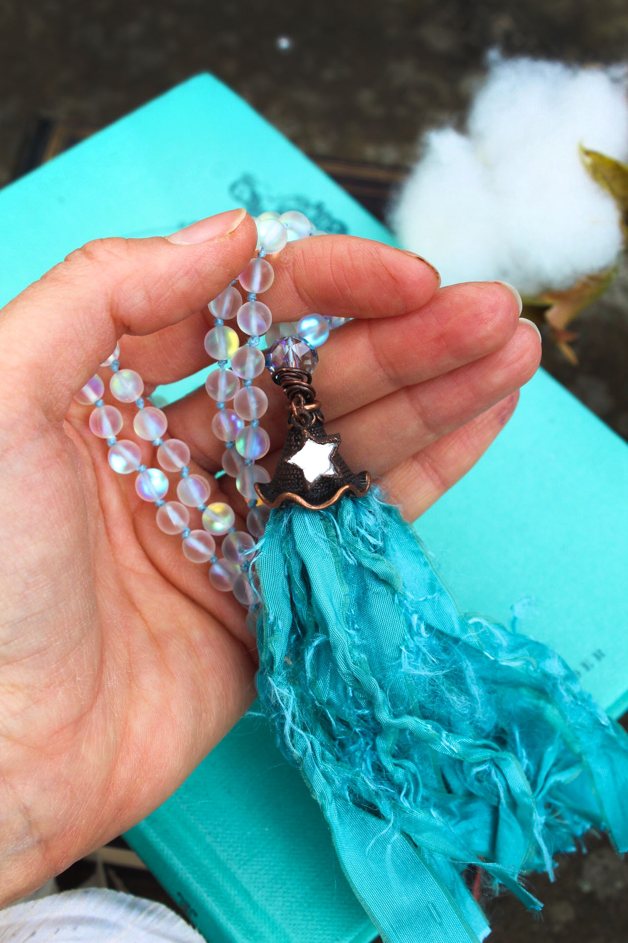 Mermaid White Aura Beaded Tassel Necklace with sea green Tassel and Little Mirror Star Charm
