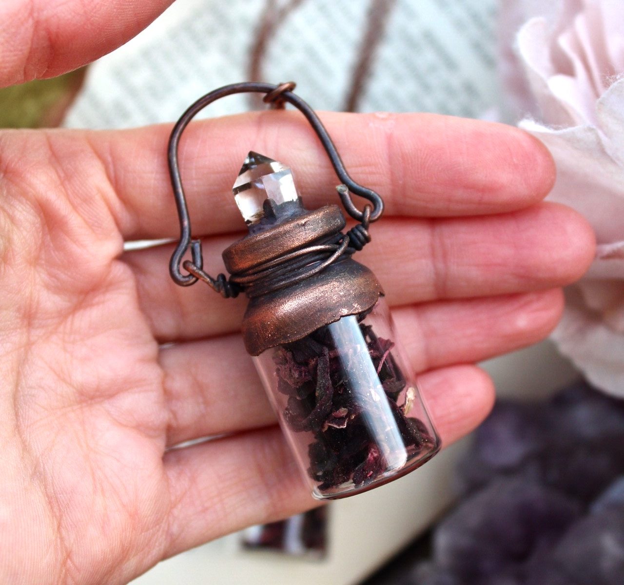 flower bottle necklace with hibiscus petals and clear quartz