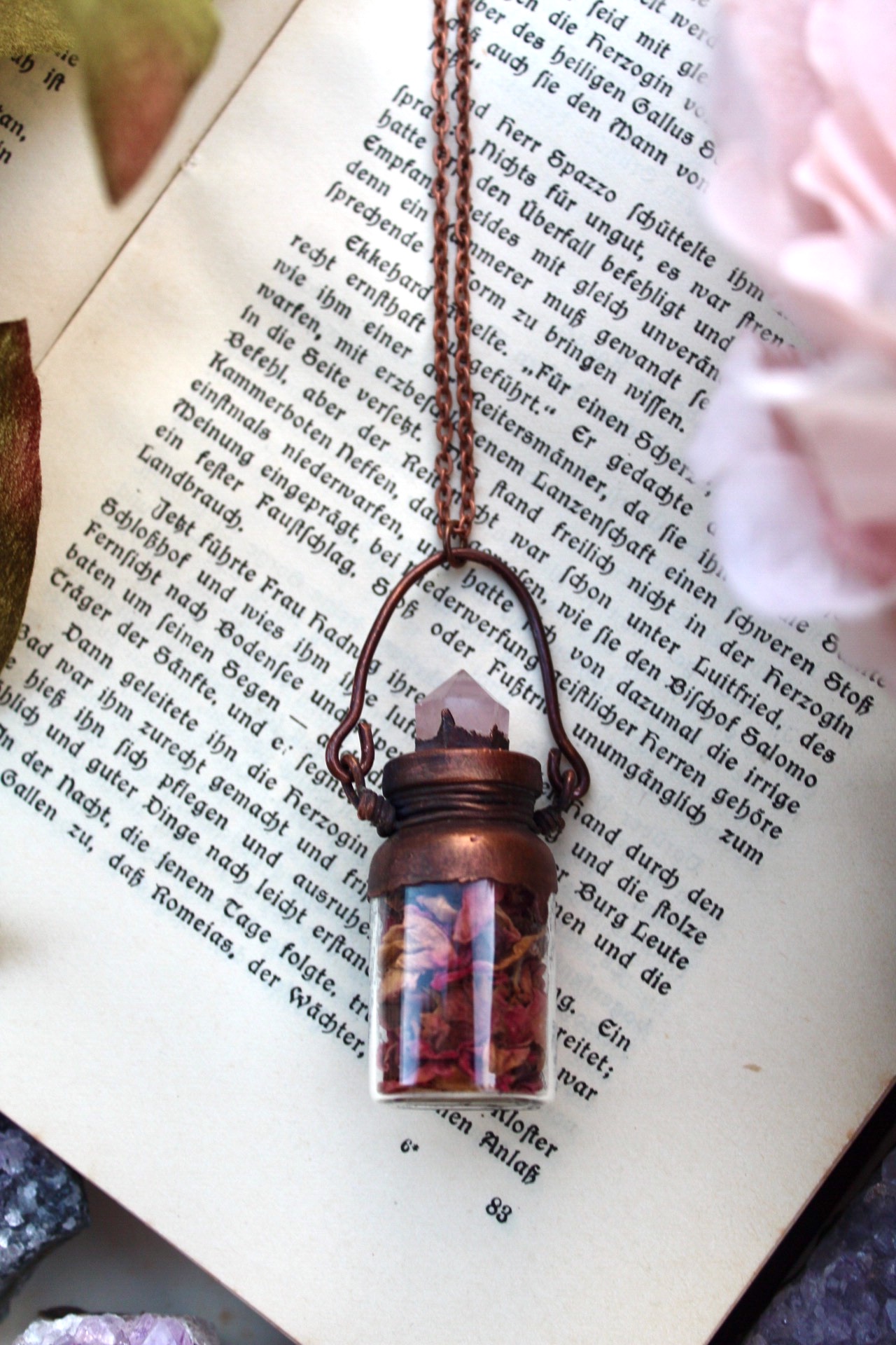 Rose Petal Necklace in a Bottle with  a Rose Quartz Crystal Point