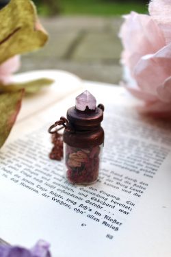 Rose Petal Necklace in a Bottle with  a Rose Quartz Crystal Point