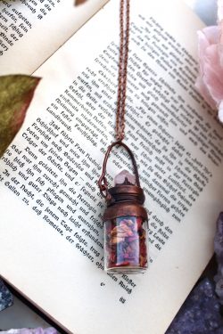 Rose Petal Necklace in a Bottle with  a Rose Quartz Crystal Point