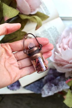 Rose Petal Necklace in a Bottle with  a Rose Quartz Crystal Point