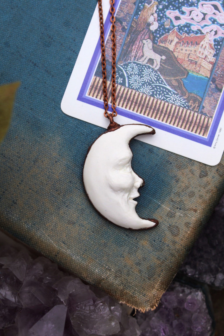 Man in the Moon Crescent Moon Necklace in White with Aged Copper