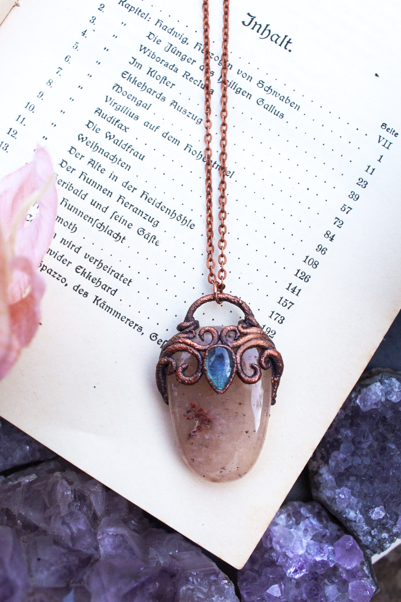 Pretty Mermaid Portal Necklace with Crystals Featuring Aged Copper, Quartz + a Blue Labradorite Tear