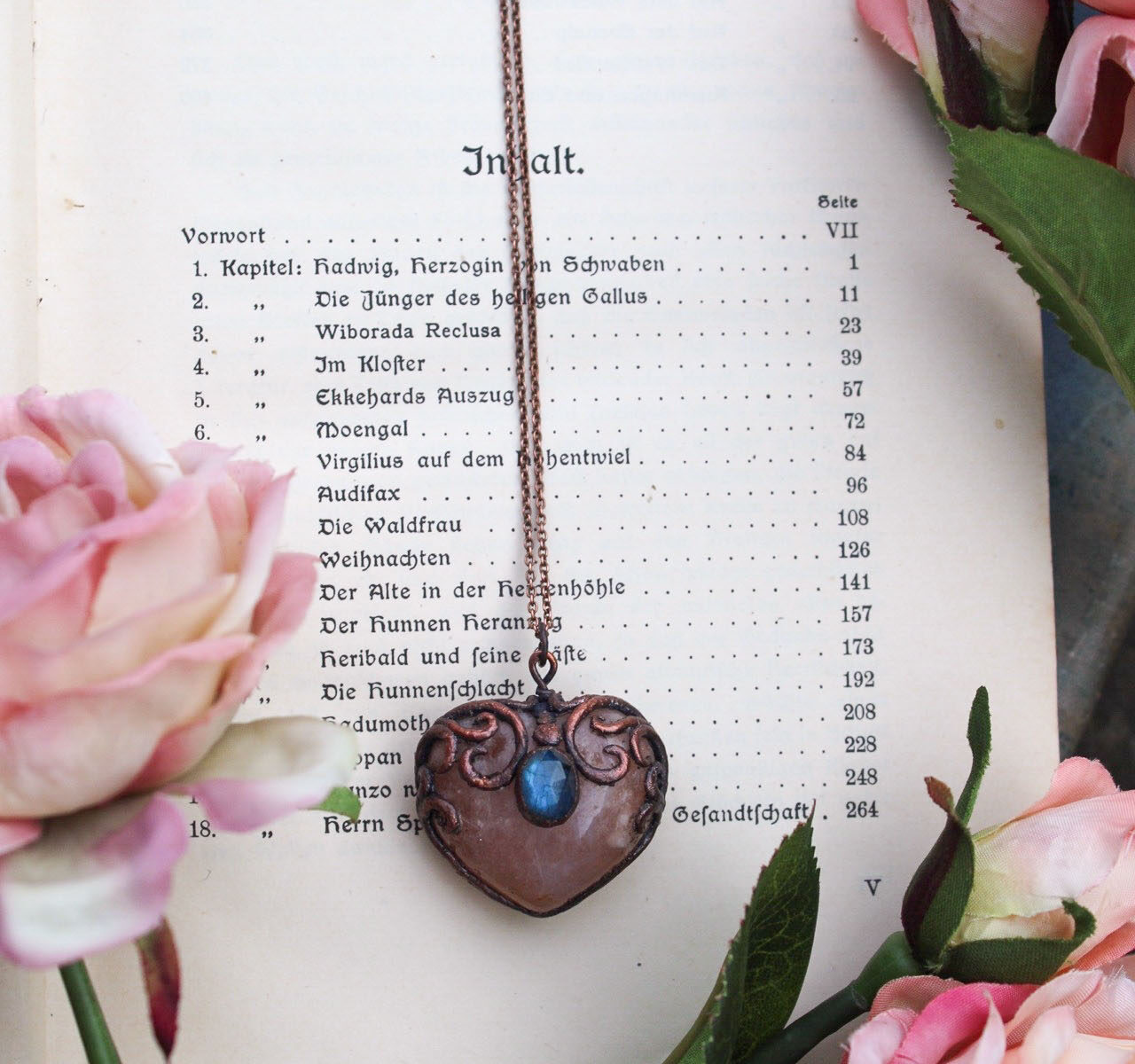 blush blossom agate heart necklace with blue labradorite