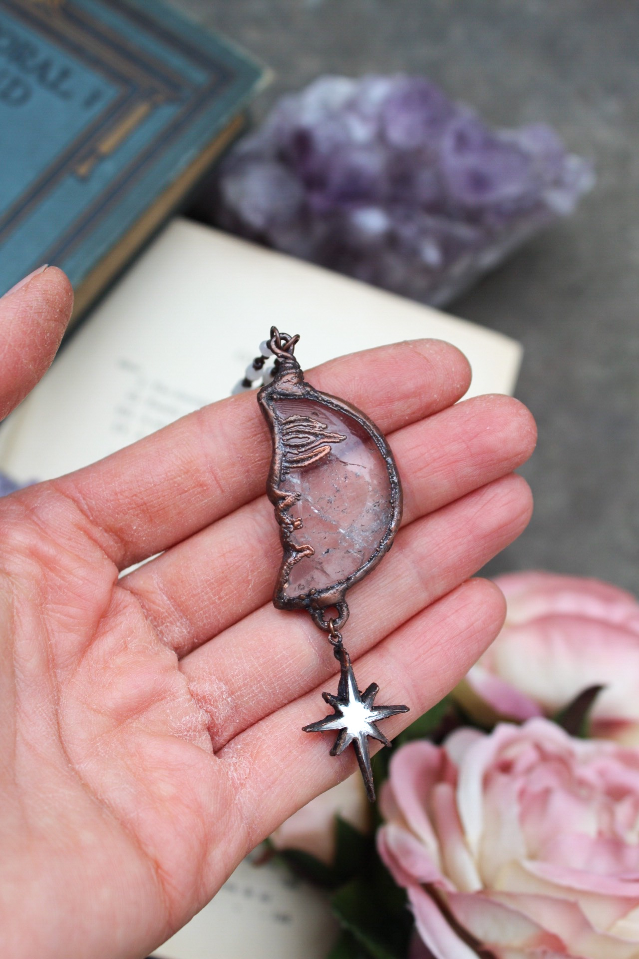 Clear Quartz Man in the Moon Necklace with Mirror Star (Ivory)