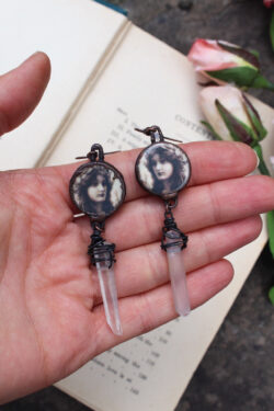 Vintage Girl Ceramic Charm Earrings with Quartz Crystals