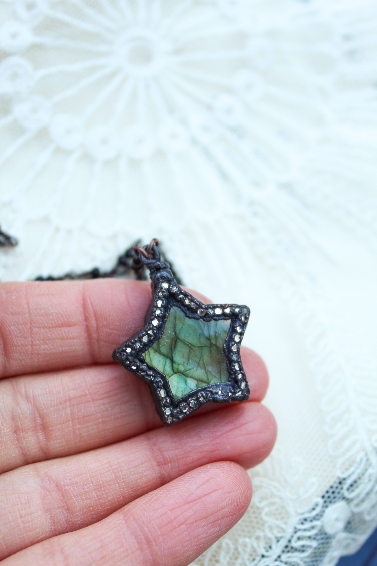 Green Labradorite Star Necklace + Swarovski Crystals
