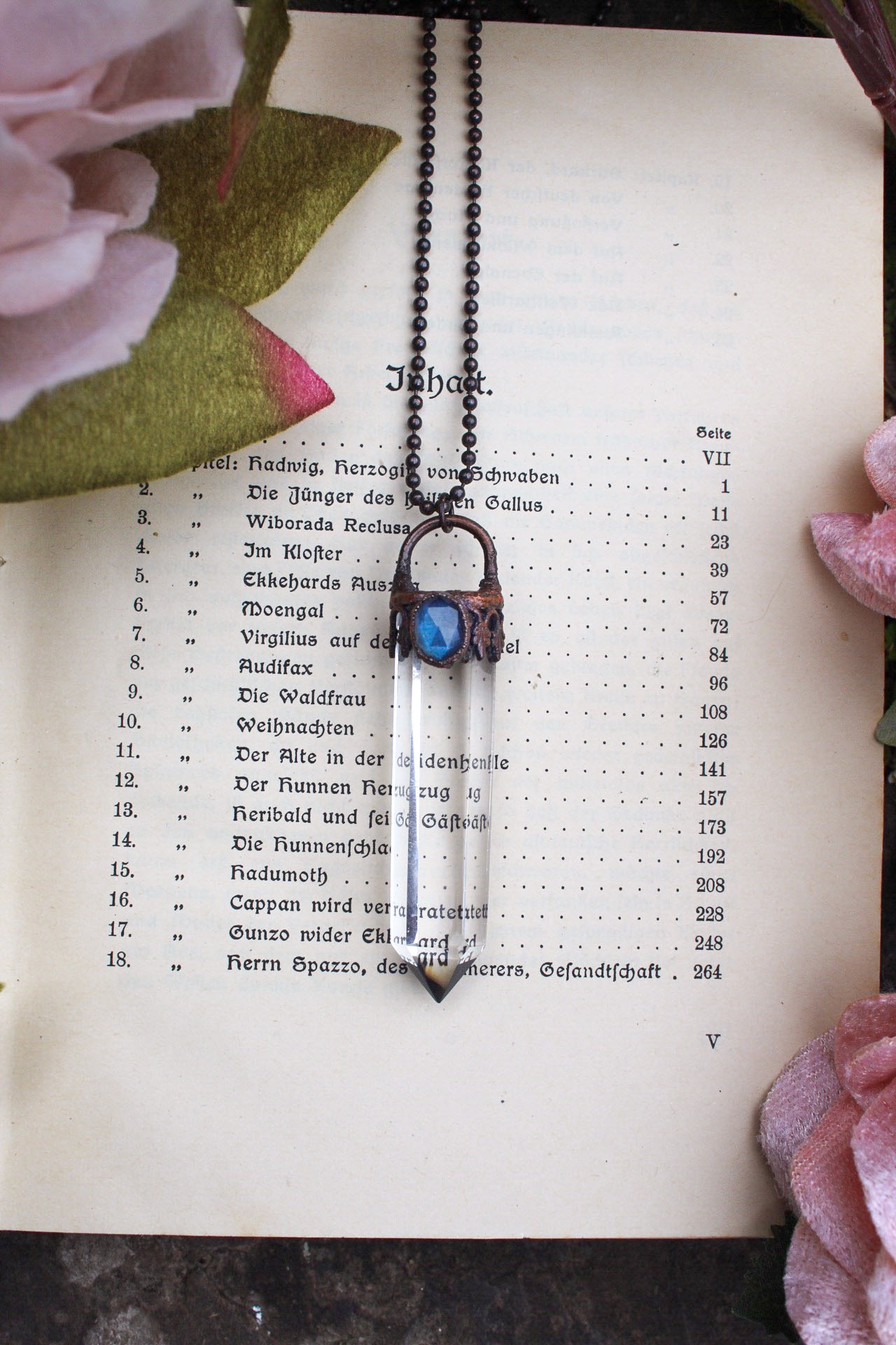 Antique Style Clear Quartz Wand Necklace with Blue Labradorite