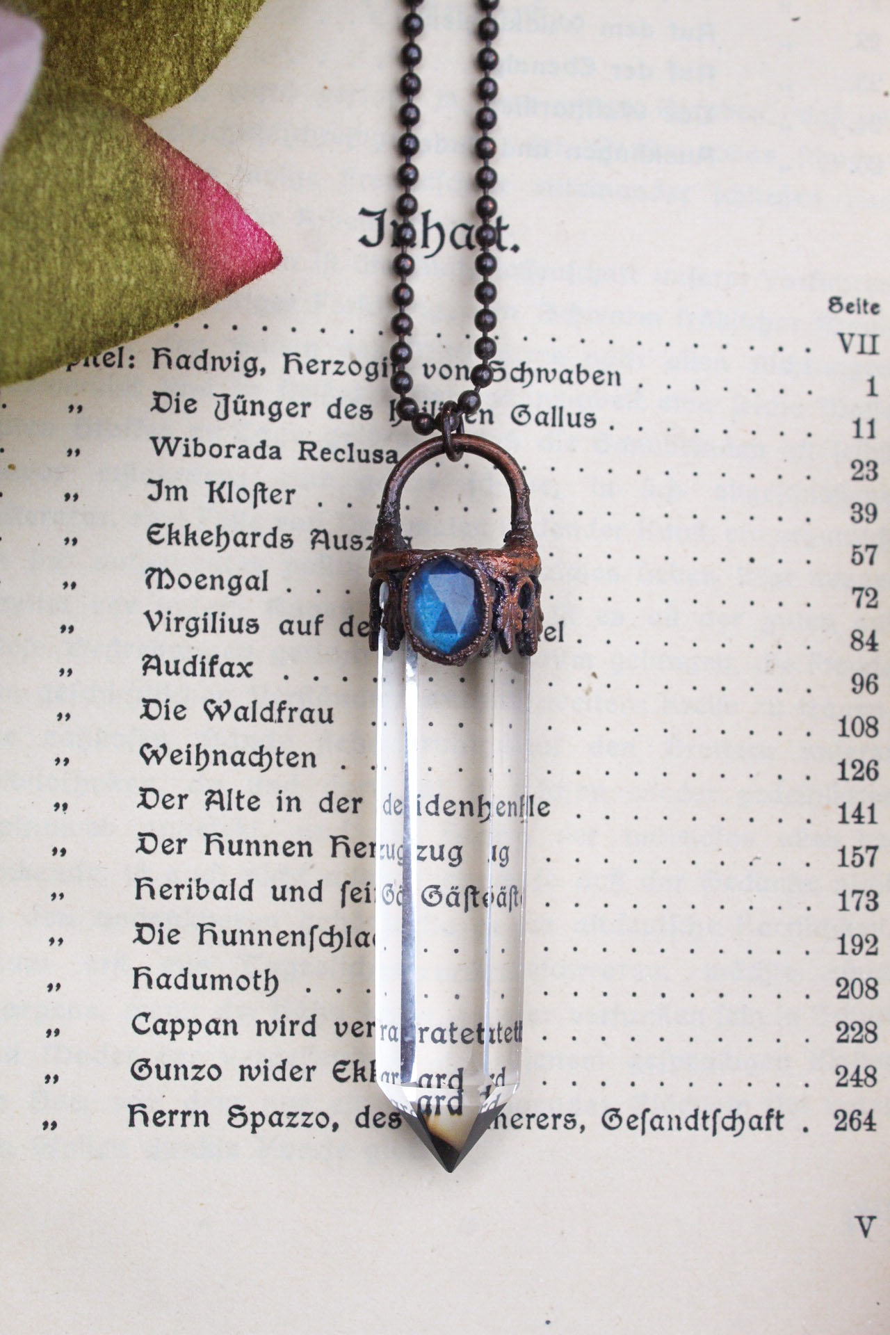 Antique Style Clear Quartz Wand Necklace with Blue Labradorite
