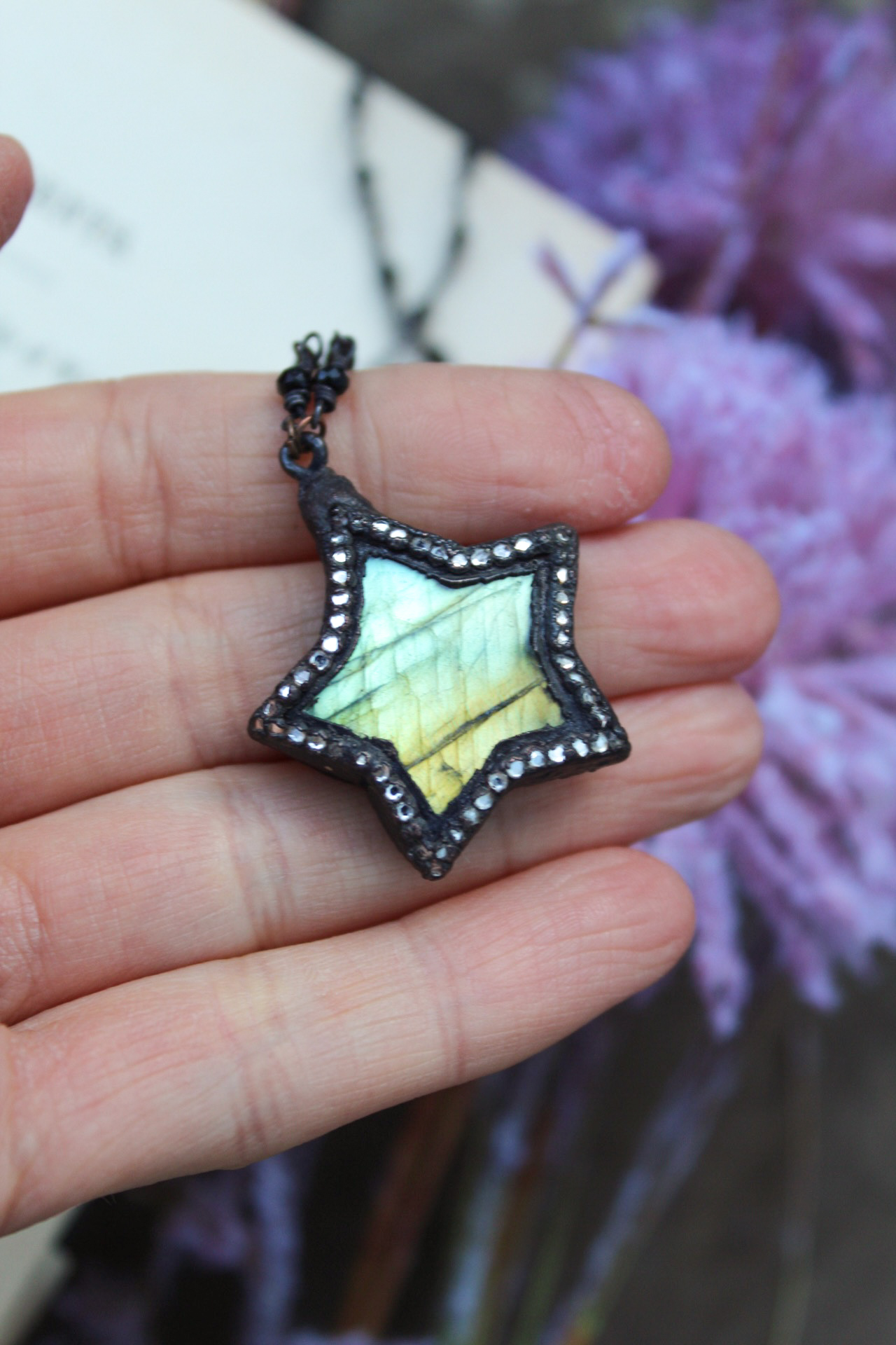 Golden Green Labradorite Star Necklace + Swarovski Crystals