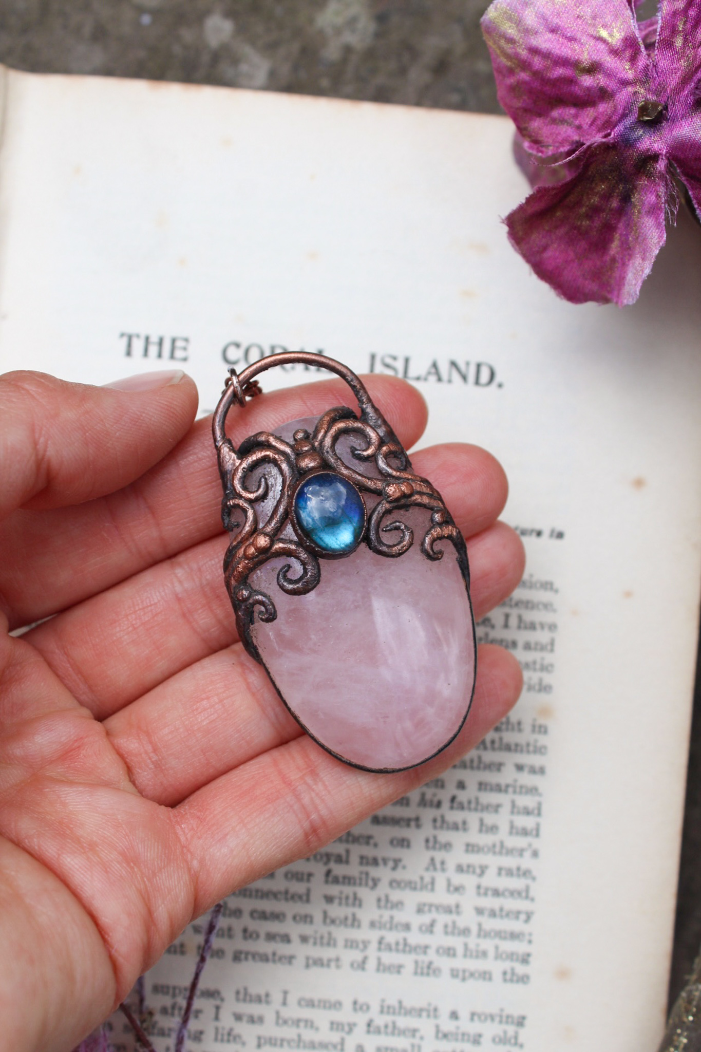 Rose Quartz and Deep Blue Labradorite Mermaid Portal Necklace