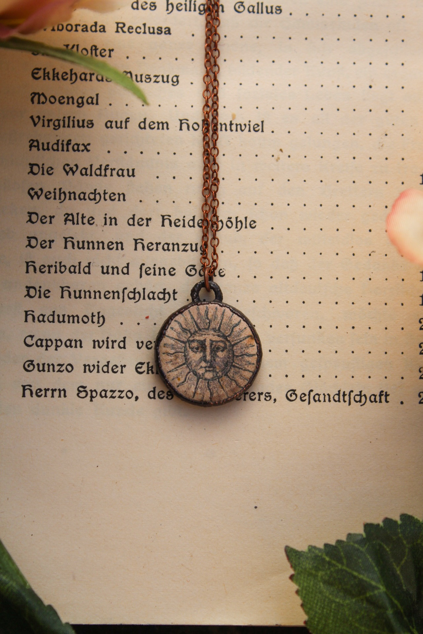 Vintage Sun Portrait Illustration Ceramic Charm Necklace in Beige