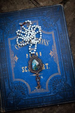 Matilda ❦ Victorian Style Fancy Labradorite & Key Necklace with Faux Pearls