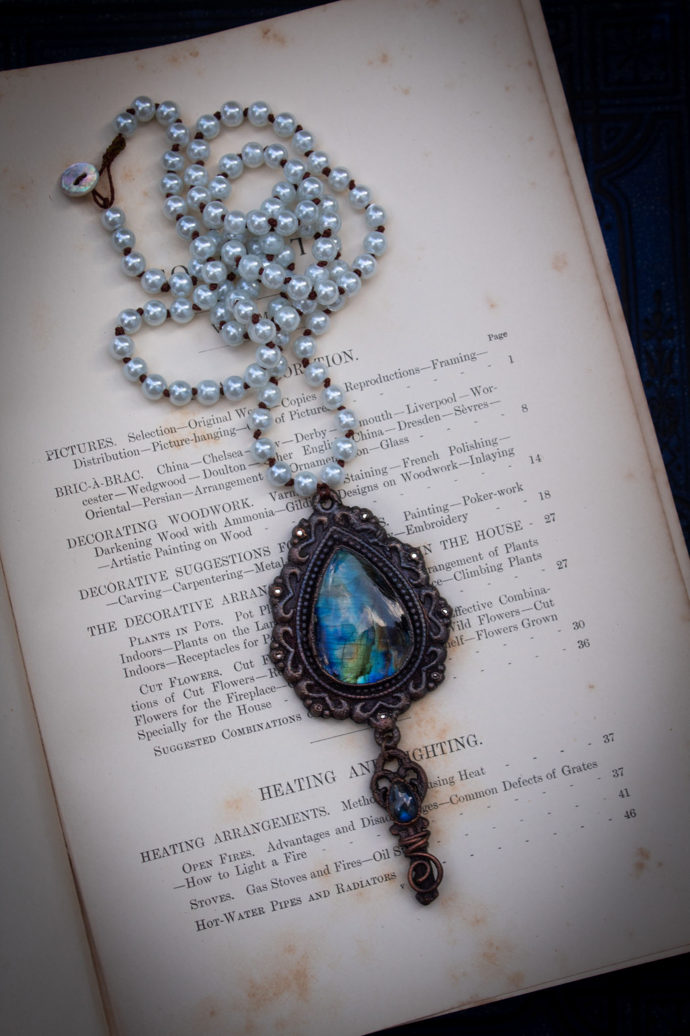 Matilda ❦ Victorian Style Fancy Labradorite & Key Necklace with Faux Pearls