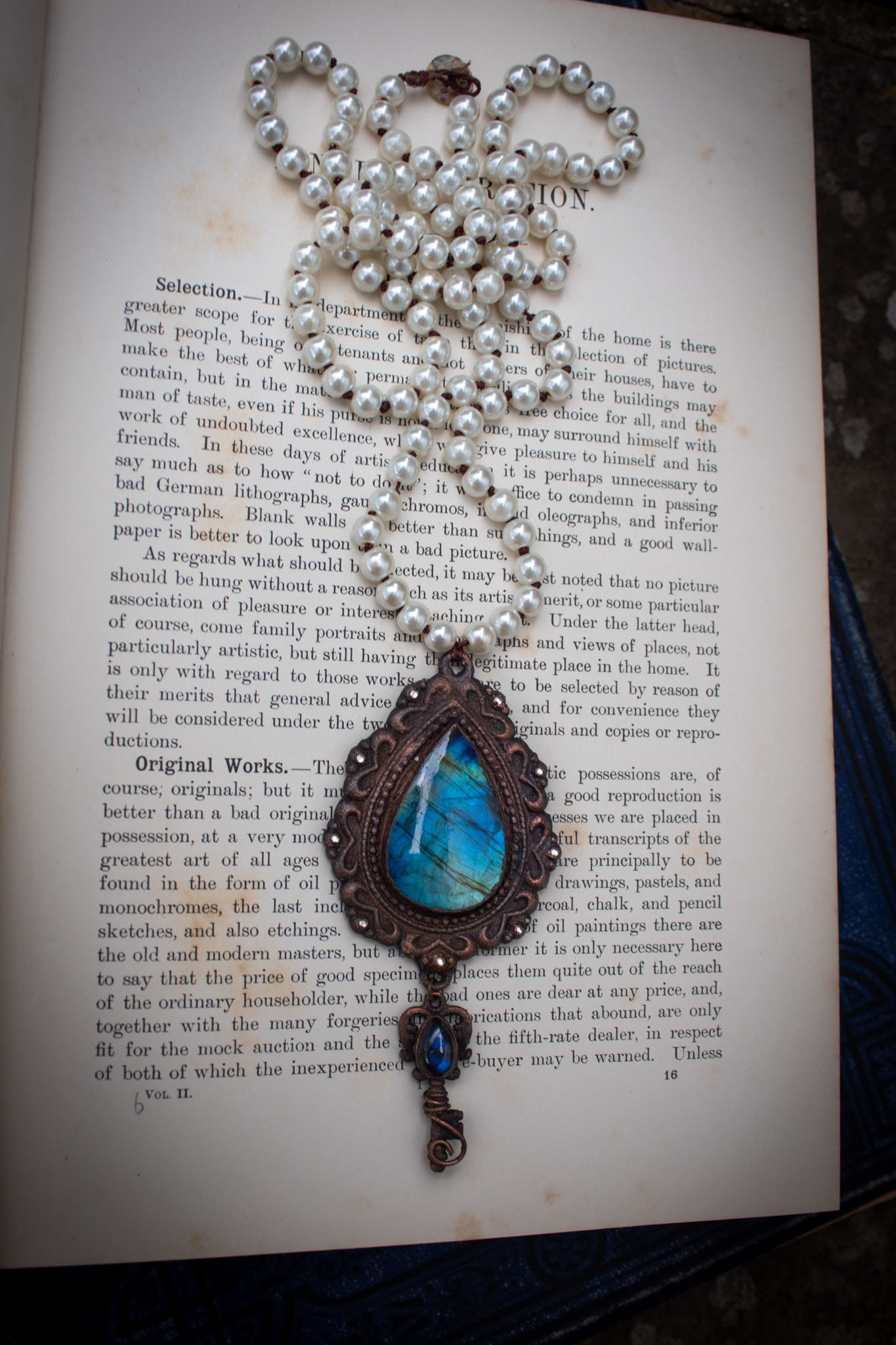 Elizabeth ❦ Victorian Style Fancy Labradorite & Key Necklace with Faux Pearls