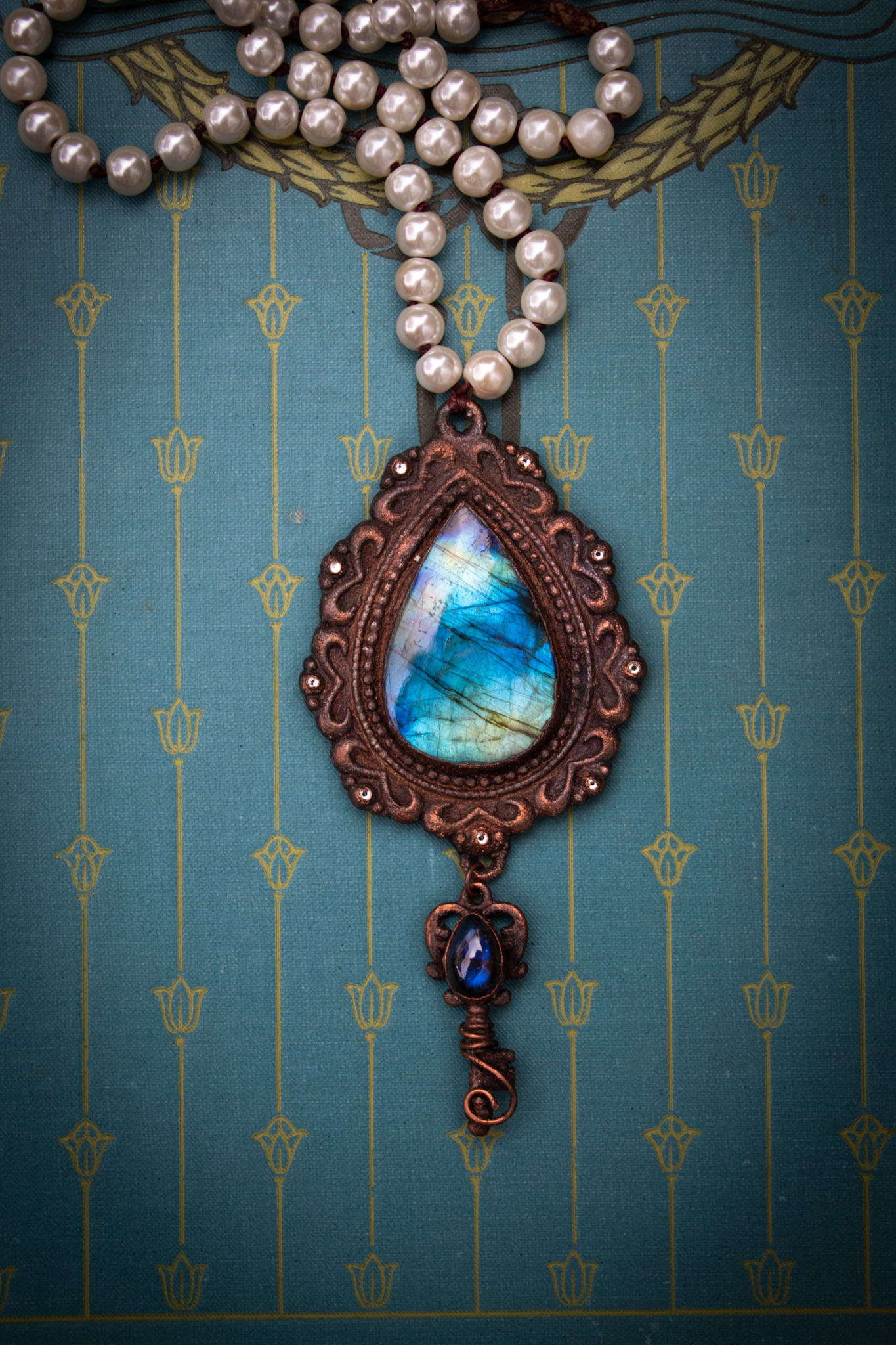 Elizabeth ❦ Victorian Style Fancy Labradorite & Key Necklace with Faux Pearls
