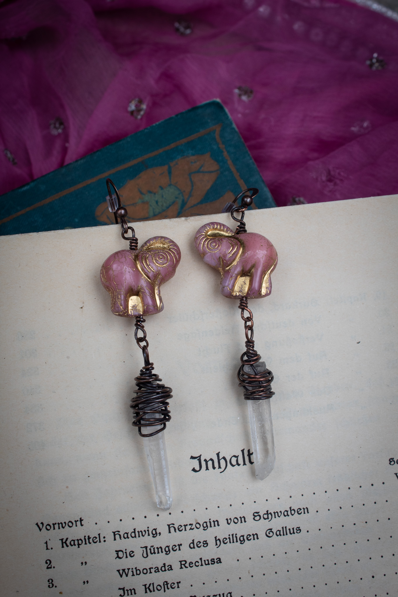 Rose Pink Elephant Earrings with Clear Quartz Crystal Drops