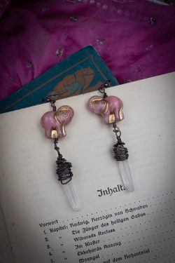 Rose Pink Elephant Earrings with Clear Quartz Crystal Drops