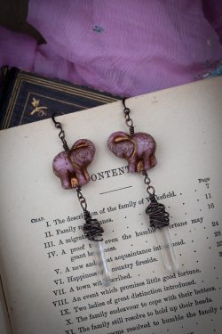 Dusty Pink Elephant Earrings with Clear Quartz Crystal Drops