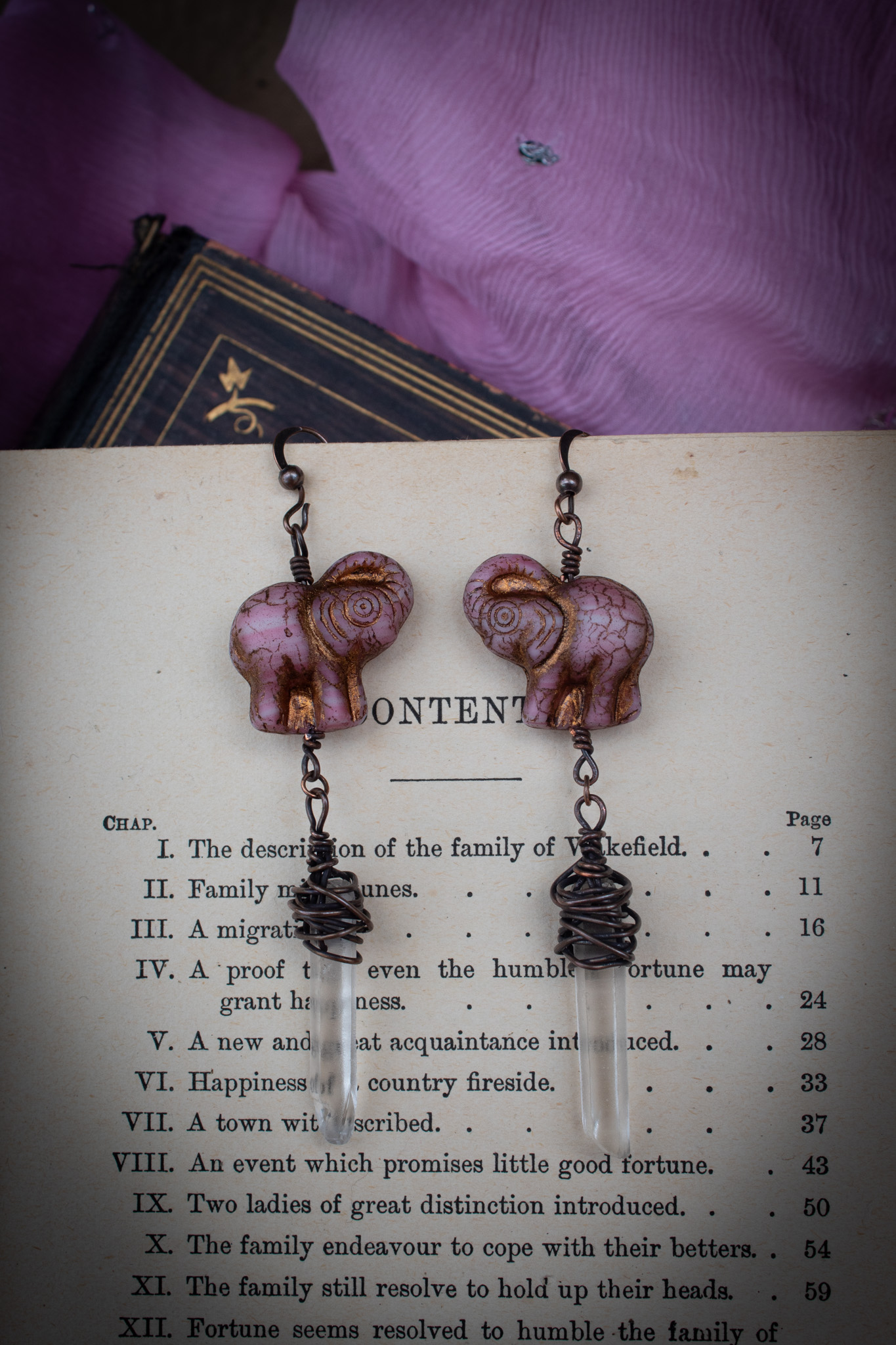 Dusty Pink Elephant Earrings with Clear Quartz Crystal Drops