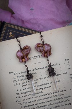 Dusty Pink Elephant Earrings with Clear Quartz Crystal Drops