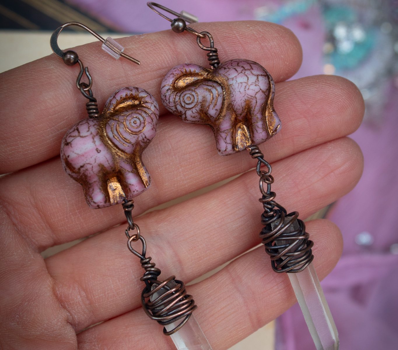 Dusty Pink Elephant Earrings with Clear Quartz Crystal Drops