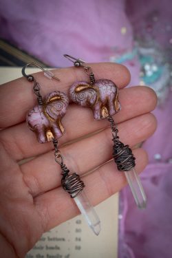 Dusty Pink Elephant Earrings with Clear Quartz Crystal Drops