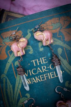 Rose Pink Elephant Earrings with Clear Quartz Crystal Drops