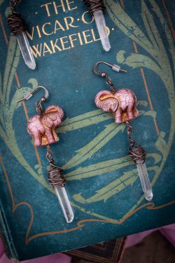 Dusty Pink Elephant Earrings with Clear Quartz Crystal Drops