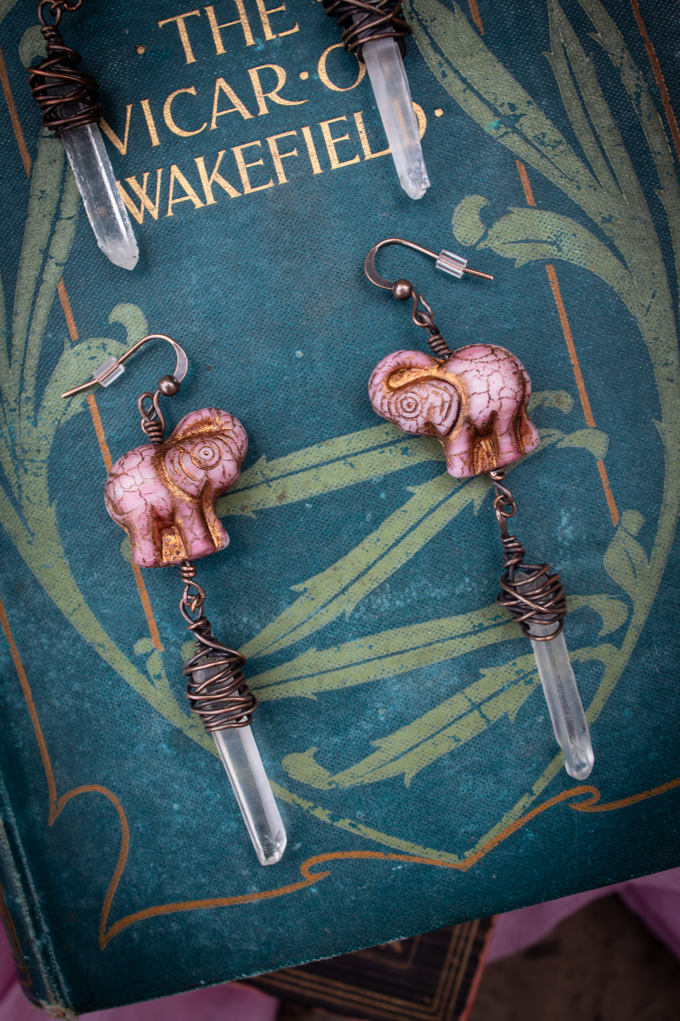 Dusty Pink Elephant Earrings with Clear Quartz Crystal Drops