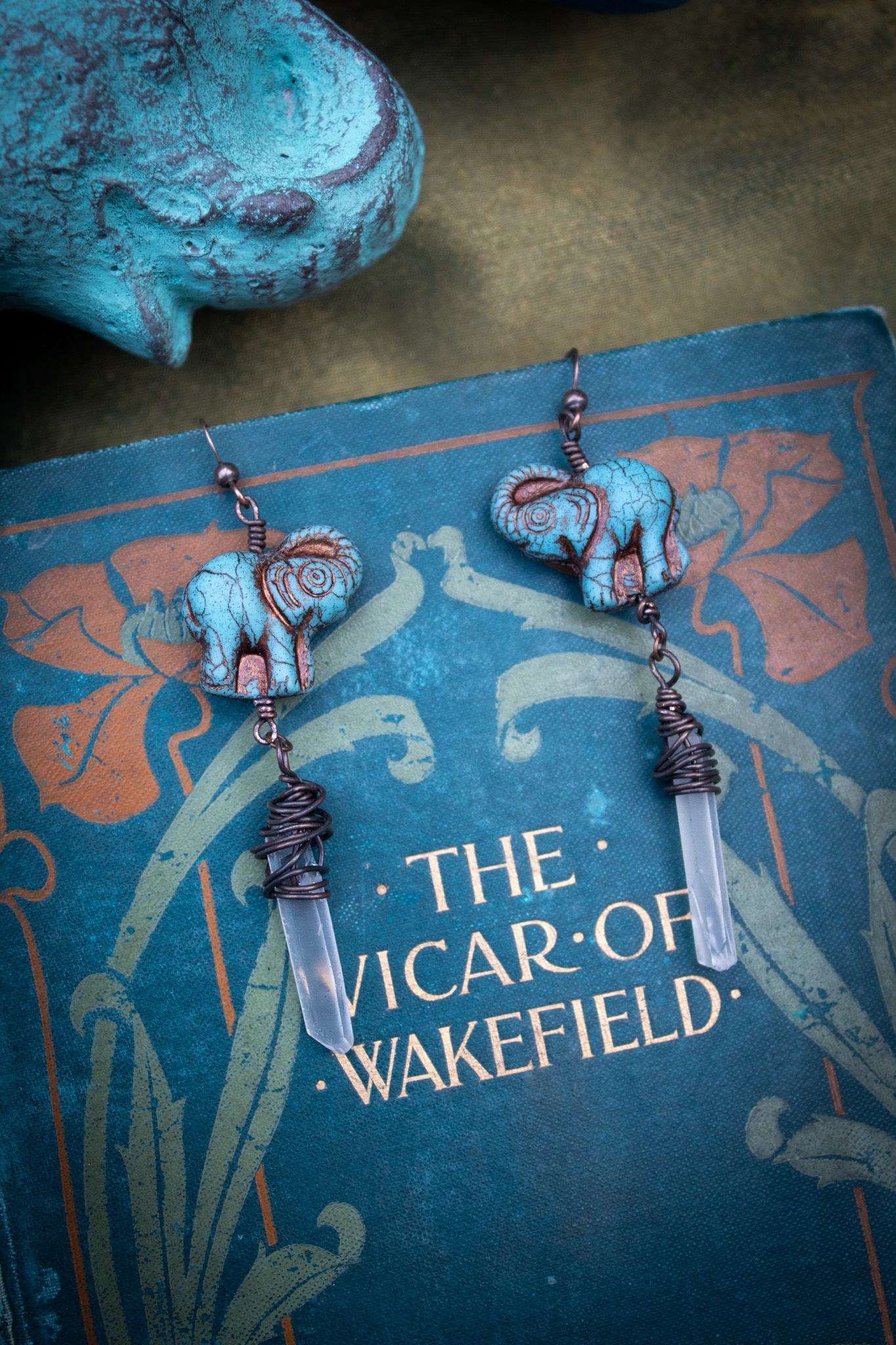 Turquoise Blue Elephant Earrings with Clear Quartz Crystal Drops