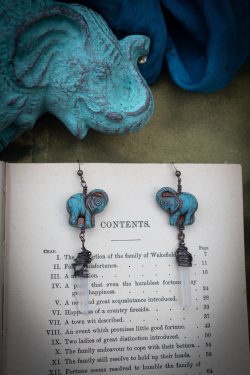 Turquoise Blue Elephant Earrings with Clear Quartz Crystal Drops