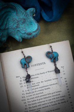 Turquoise Blue Elephant Earrings with Clear Quartz Crystal Drops