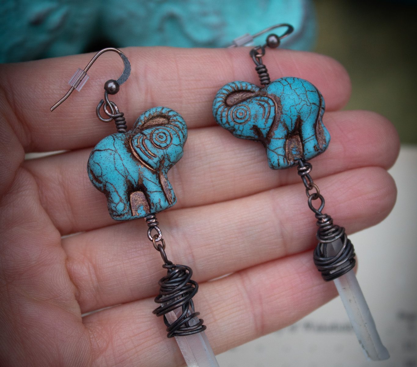 Turquoise Blue Elephant Earrings with Clear Quartz Crystal Drops