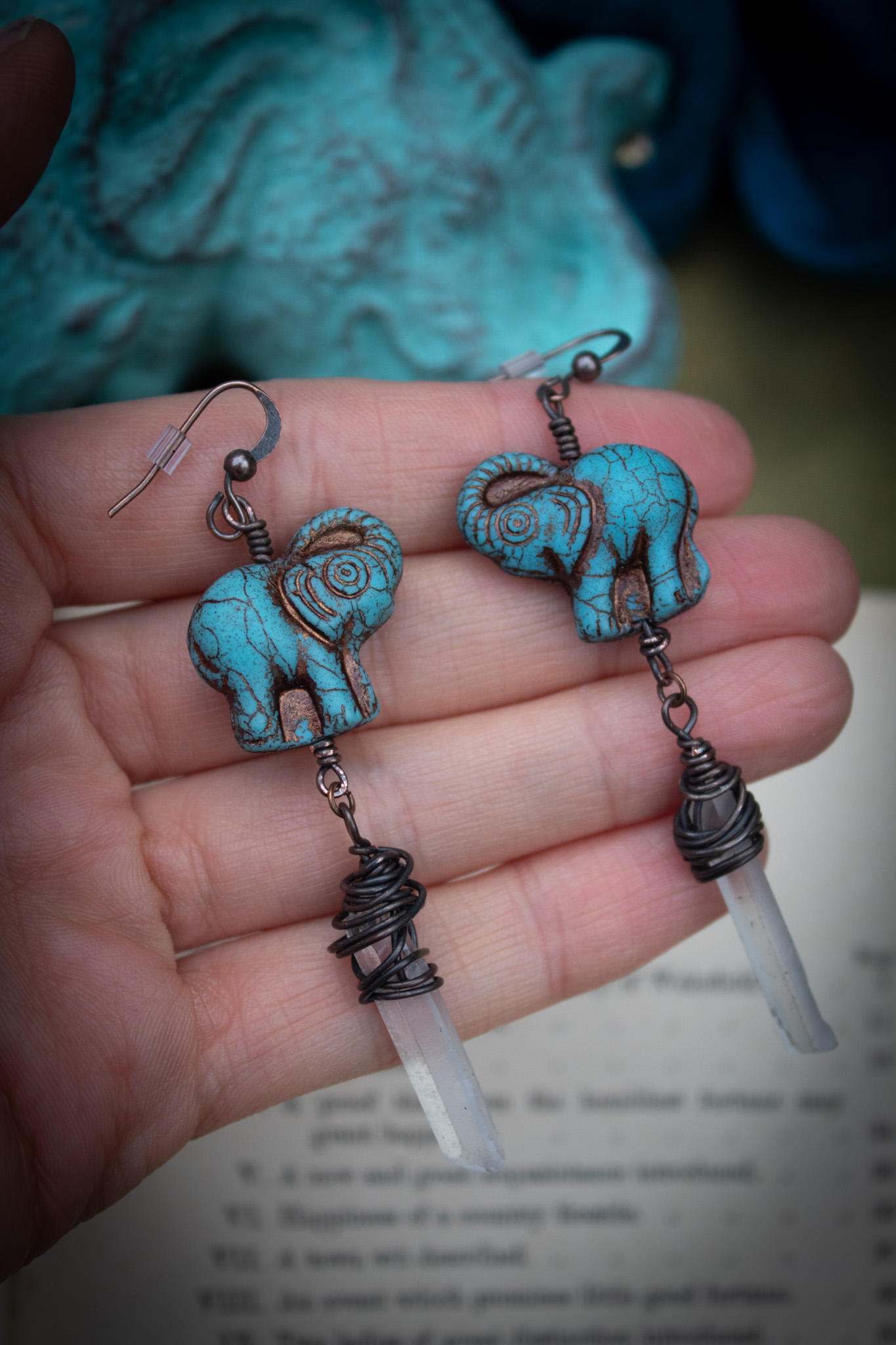 Turquoise Blue Elephant Earrings with Clear Quartz Crystal Drops